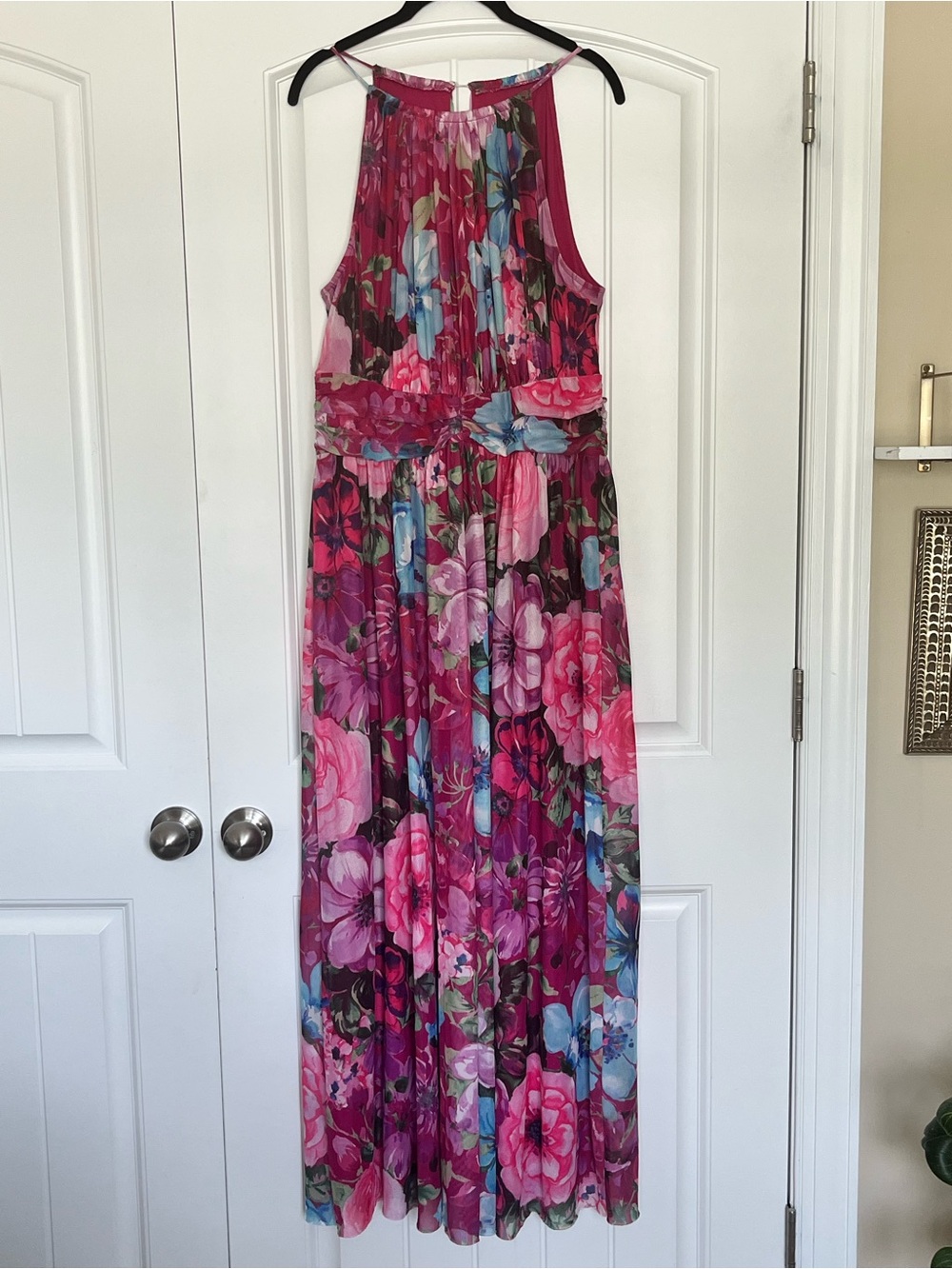 London Times Floral Halter‎ Dress in Fuchsia and Blue Accents Size 16